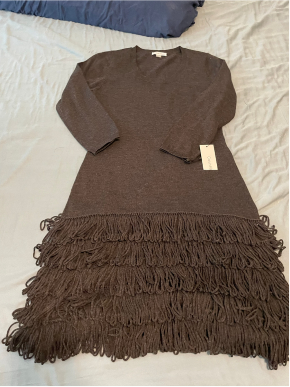 Women's Calvin Klein Black Long Sleeve Fringe tassel Hem Sweater Dress Size M